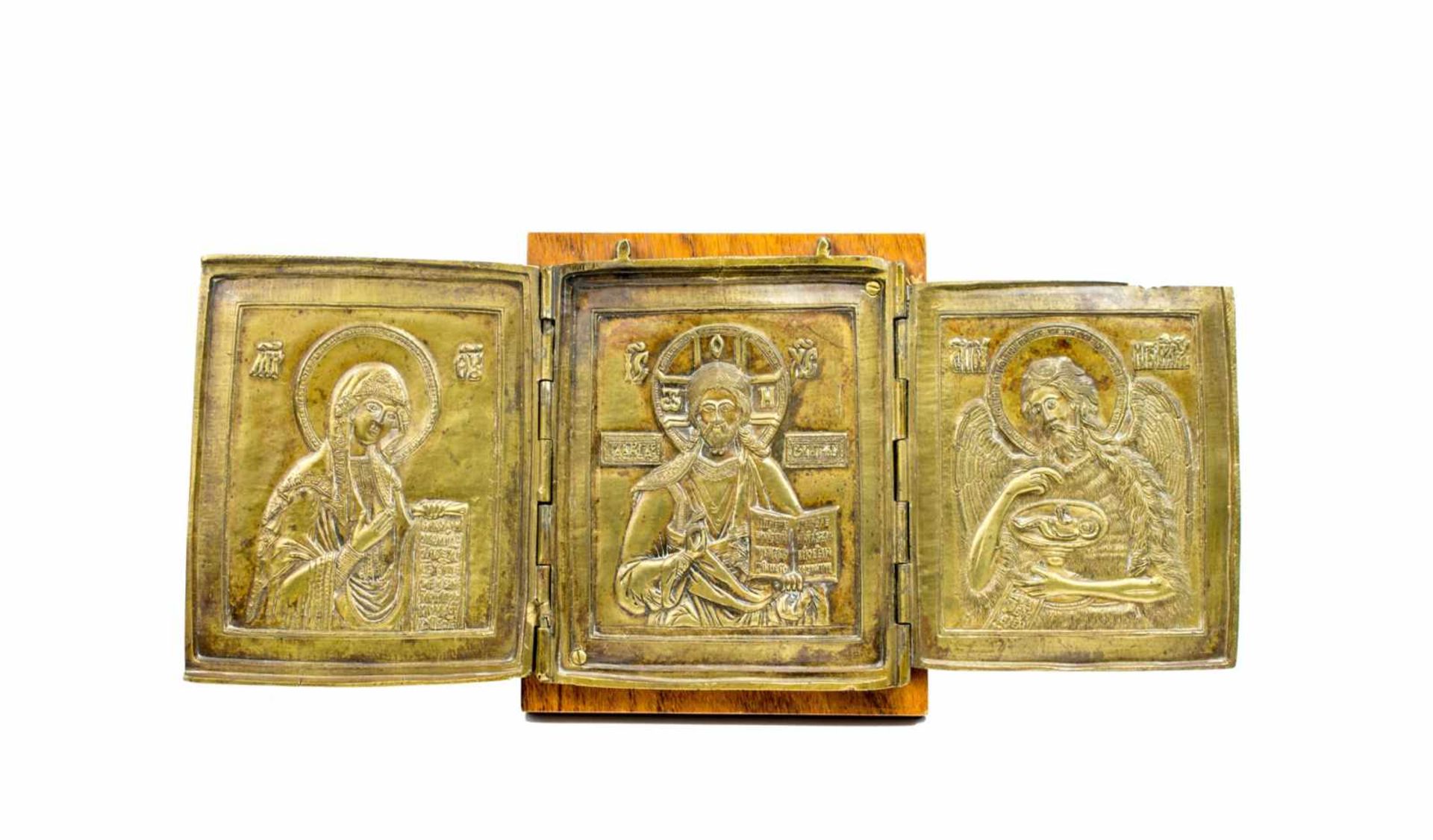 Triptychon-Ikone 'Deesis'Russland, 19. Jh., Bronze, Holzrücken (neueren Datums), 17,5 cm x 15 cm,