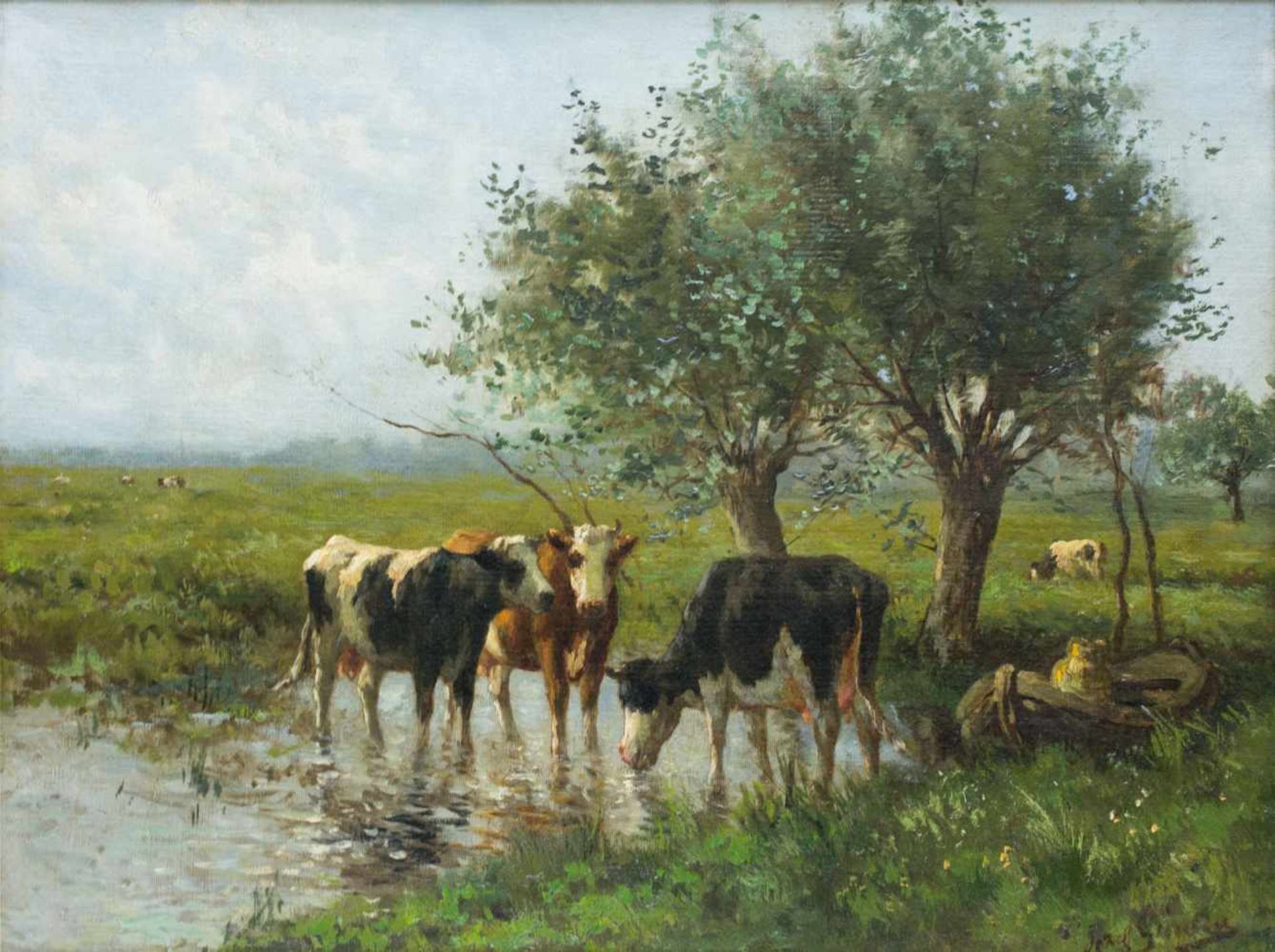 Jozef Gindra (1862 Jemeppe-sur-Meuse - 1938 Bladal)Sommerlandschaft mit Kühen, Öl auf Leinwand,