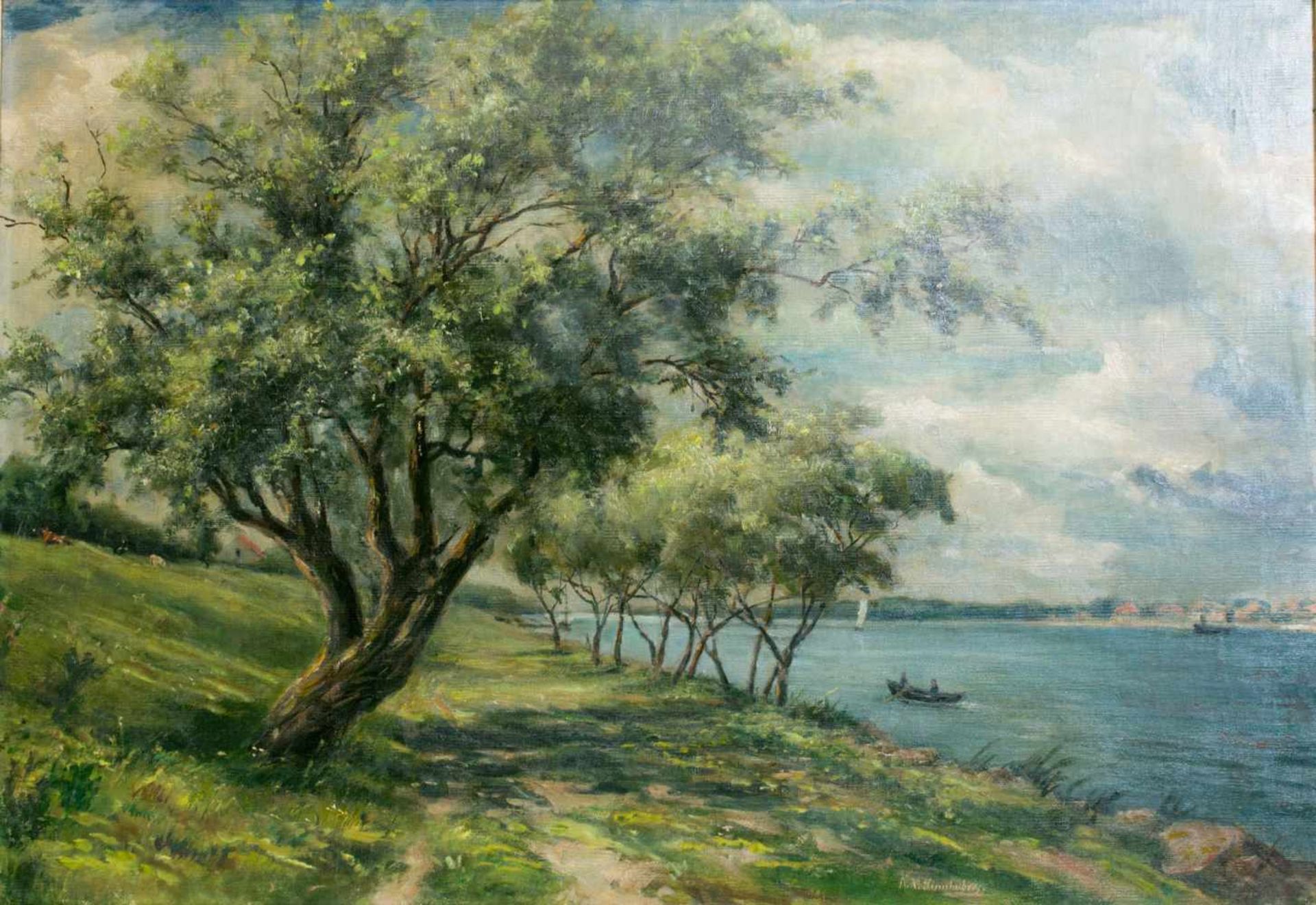 Anna Natalie Sinnhuber (1864 - 1947, Deutschland)Idyllisches Flussufer, Öl auf Leinwand, 63 cm x
