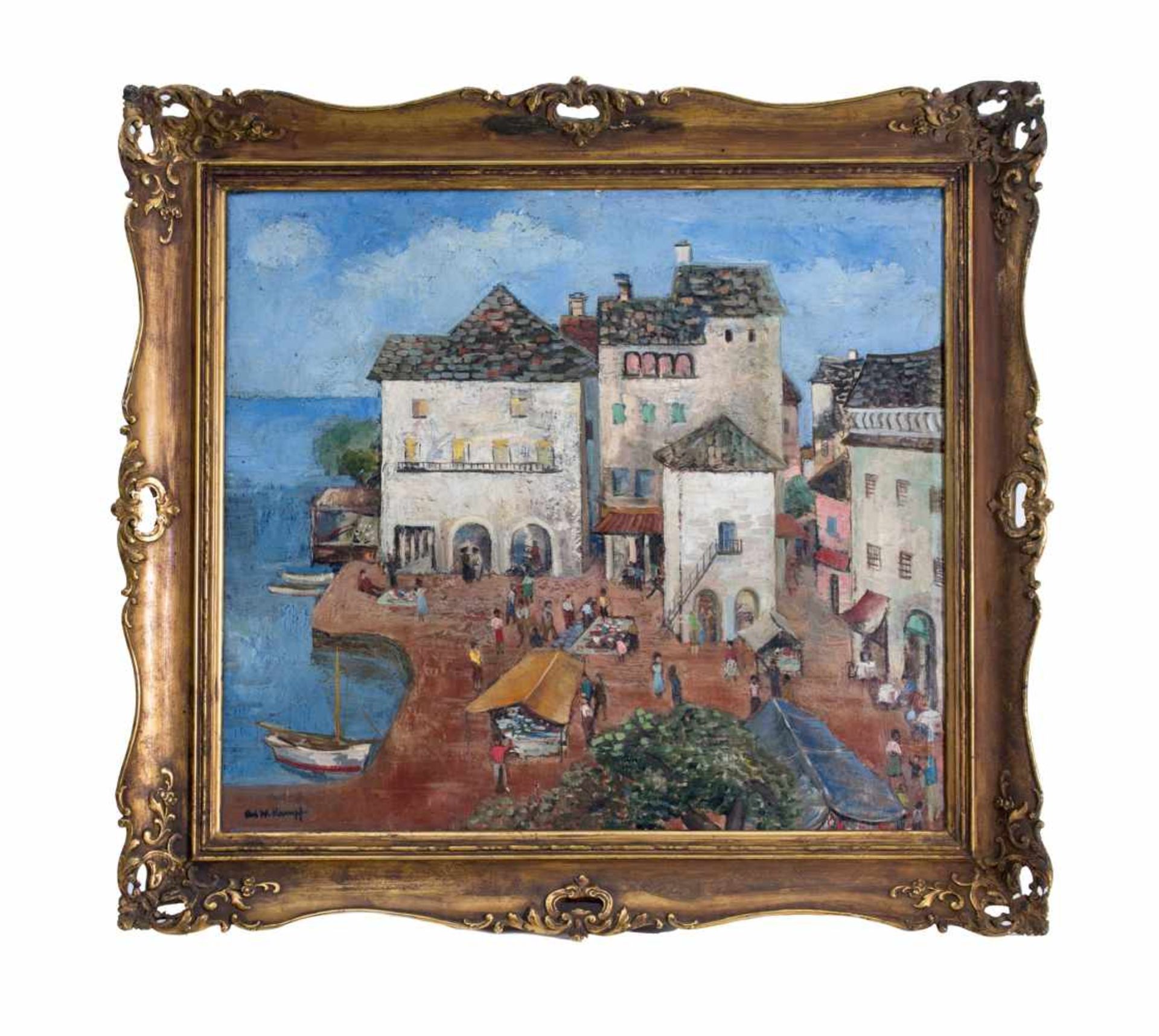 Ari Walter Kampf (1894 - 1955)Mediterrane Küstenstadt, Öl auf Leinwand (rückseitig mit übermaltem - Bild 2 aus 6