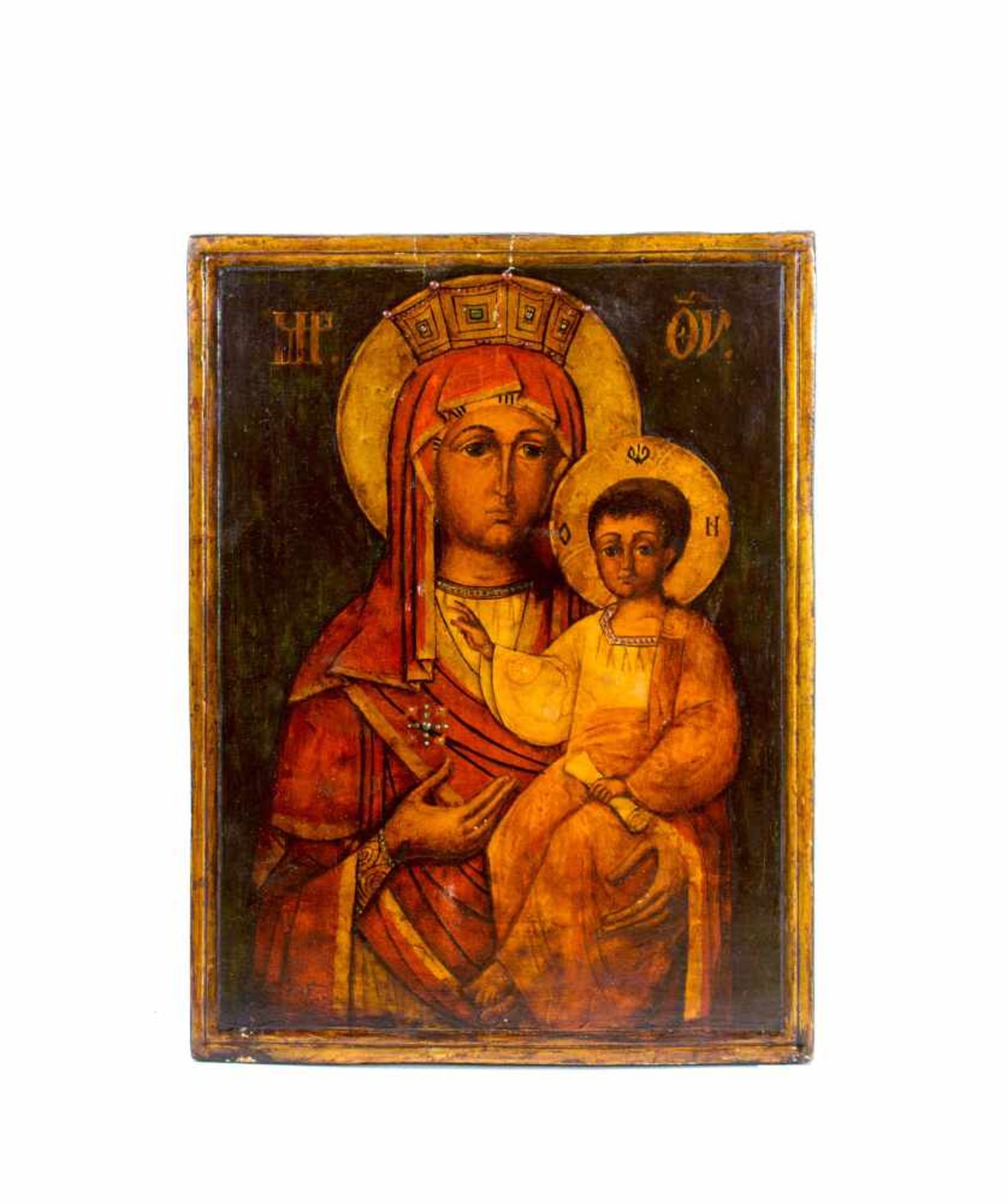 Ikone 'Gottesmutter Hodigitria'Griechenland, um 1800, Tempera auf Holz, 34 cm x 25,5 cm, am Rand mit