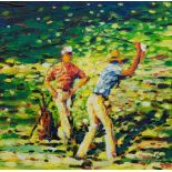 Hecher (20. Jh.)2 Golfer, Acryl auf Karton, 54,5 cm x 54,5 cm, Passepartoutinnenmaß, unten rechts