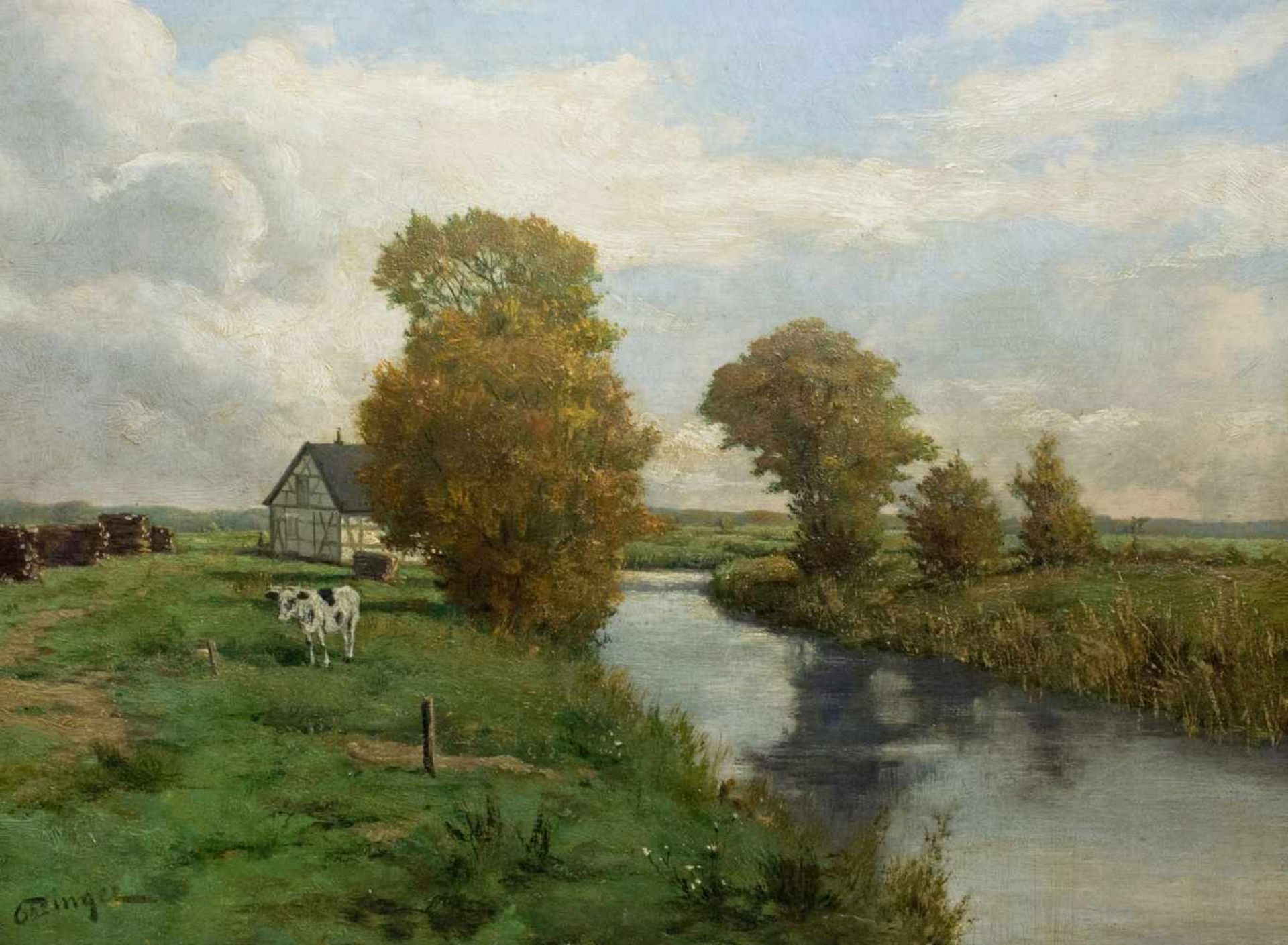 Otto Dinger (1860 Düsseldorf - 1928 Berlin)Landschaft mit Fluss, Öl auf Leinwand, 32,3 cm x 44,2 cm,