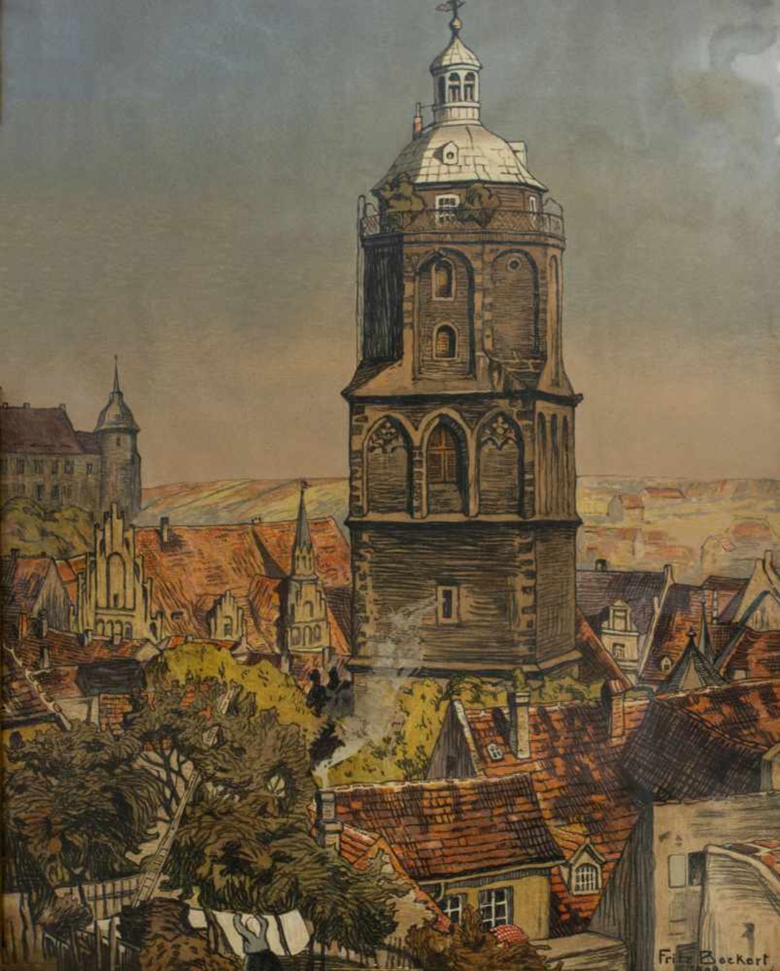 Fritz Beckert (1877 Leipzig - 1962 Dresden)Meißen - Blick auf die Frauenkirche, Farblithografie