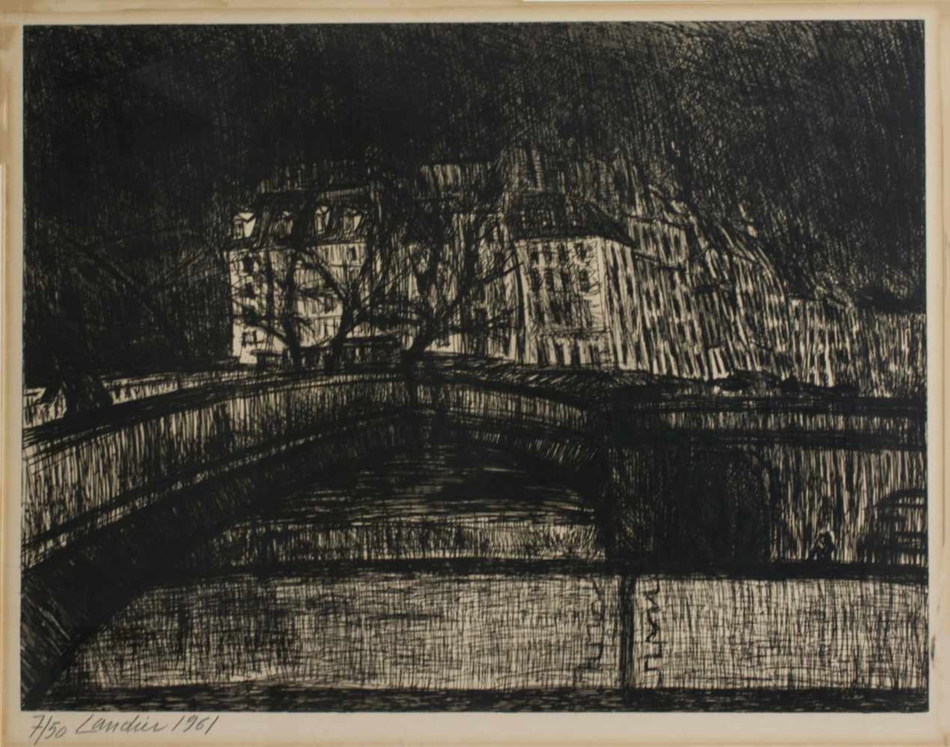 Henri Landier (1935 Paris)Stadtansicht mit Brücke, Stich auf Papier, 1961, 53 cm x 66,6 cm