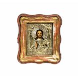 Oklad-Ikone 'Christus Pantokrator'Russland, 2. Hälfte 19. Jh., Öl auf Holz, Messingoklad, im