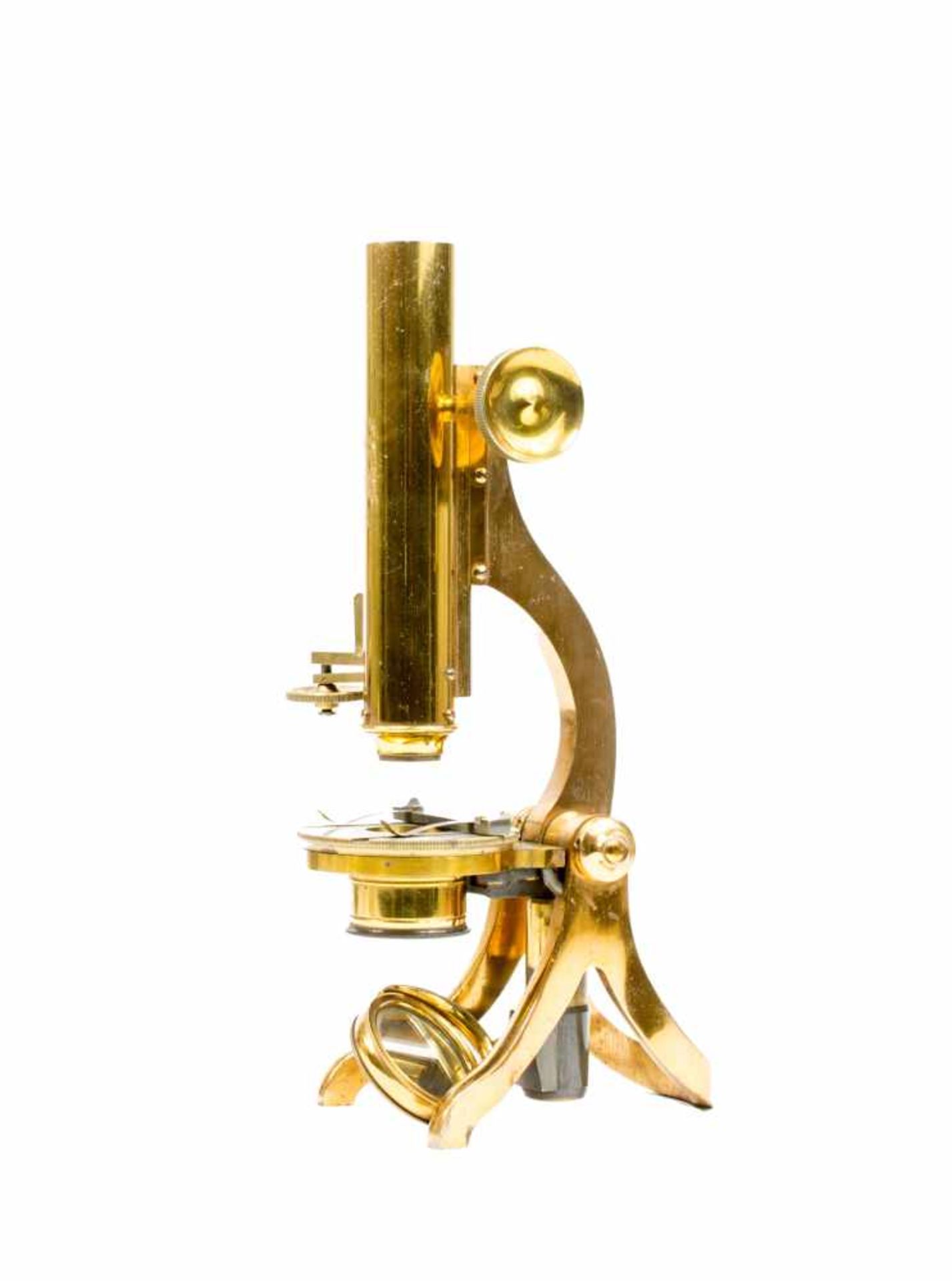 MikroskopEngland, 19. Jh., Messing, in Holzschatulle, Höhe 31 cm, gebraucht, mit geringfügigen