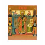Ikone 'Heiliger Nikolaus'Russland, 19. Jh., Tempera auf Holz, Kowtscheg, seltene Darstellung mit 6