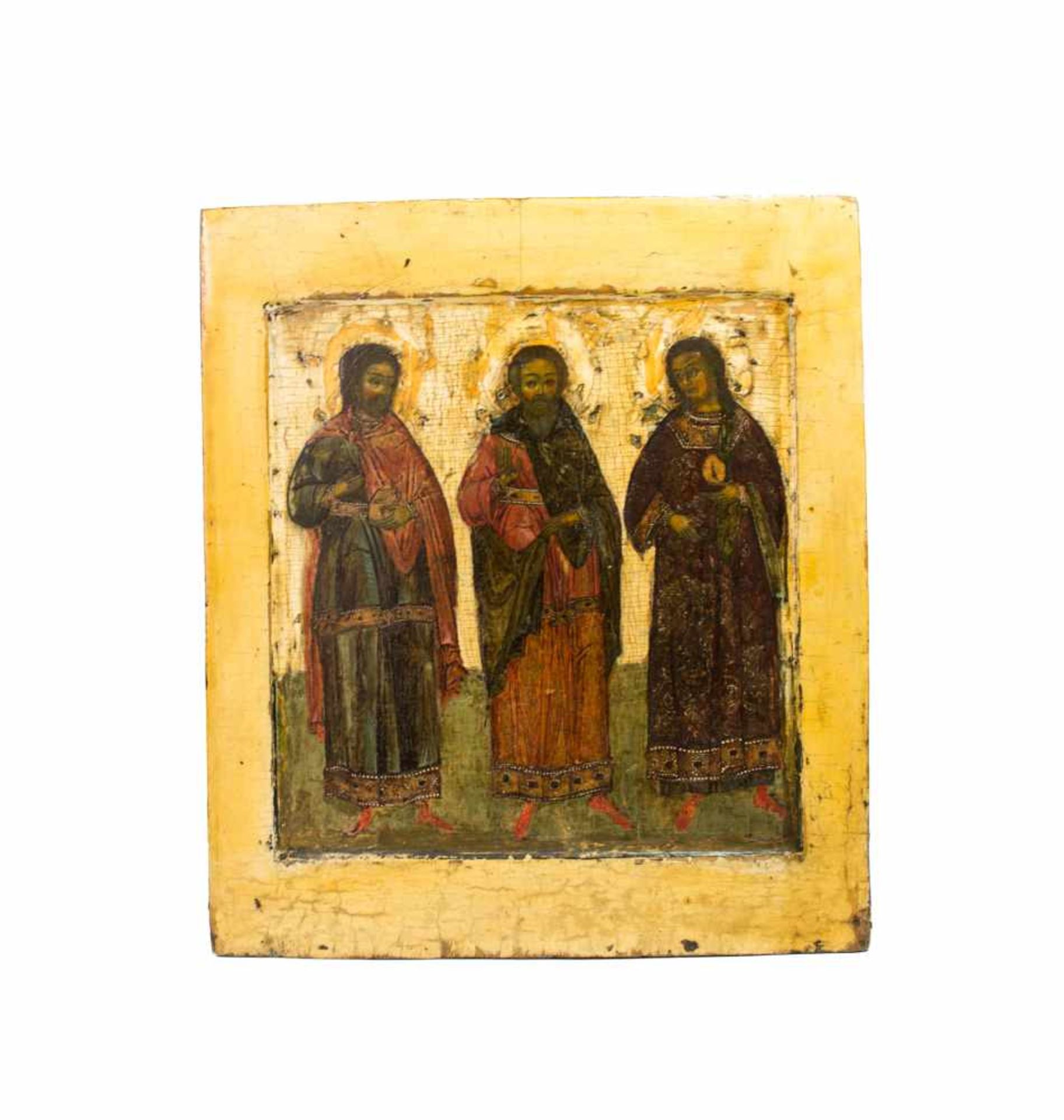 Ikone 'Drei Heilige'17. Jh., Tempera auf Holz, Kowtscheg, 31,5 cm x 28 cm, restauriert, mit