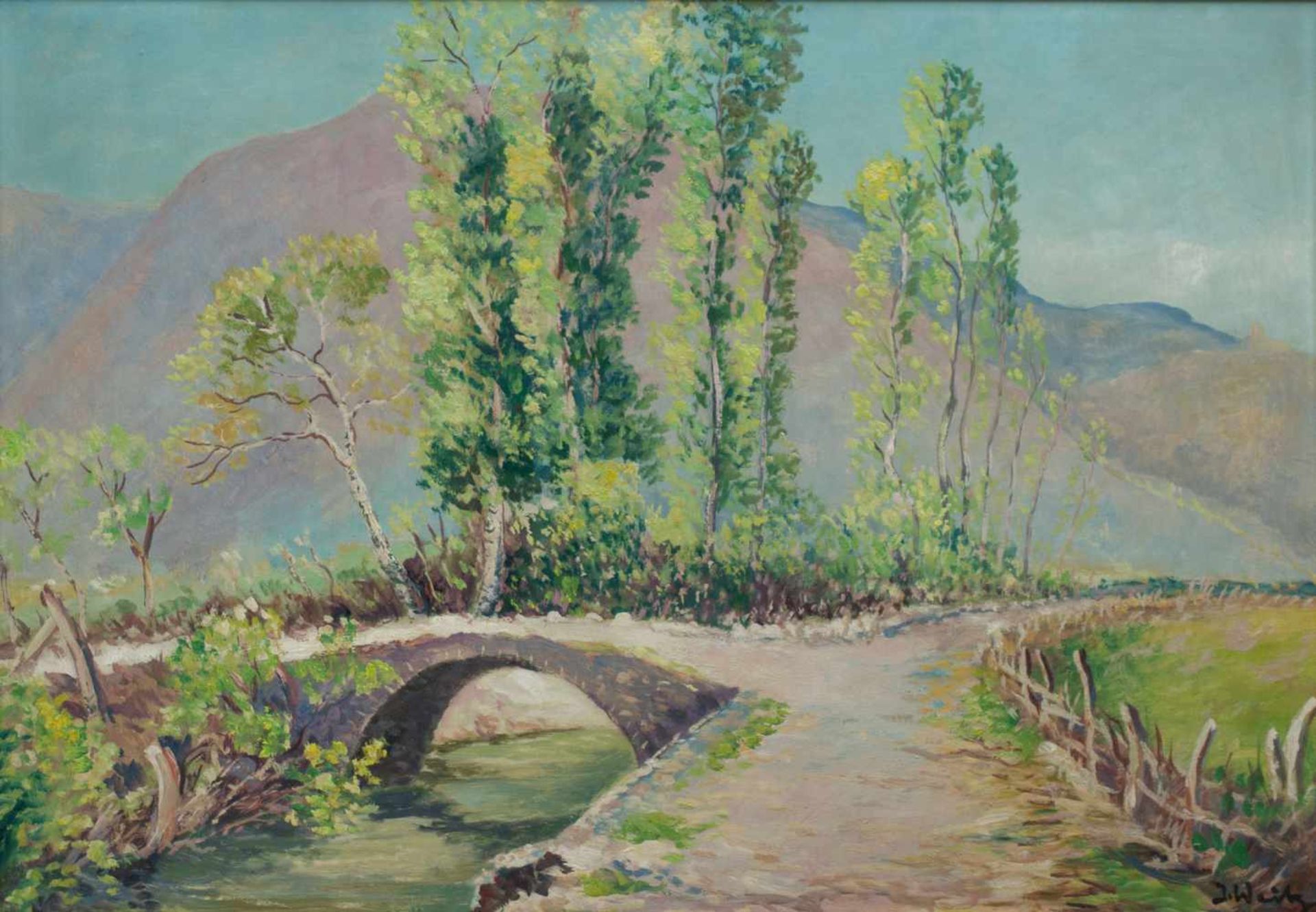 Jakob Weitz (1888 Neuss - 1971 Düsseldorf)Landschaft mit Brücke, Öl auf Platte, 49 cm x 68,5 cm,