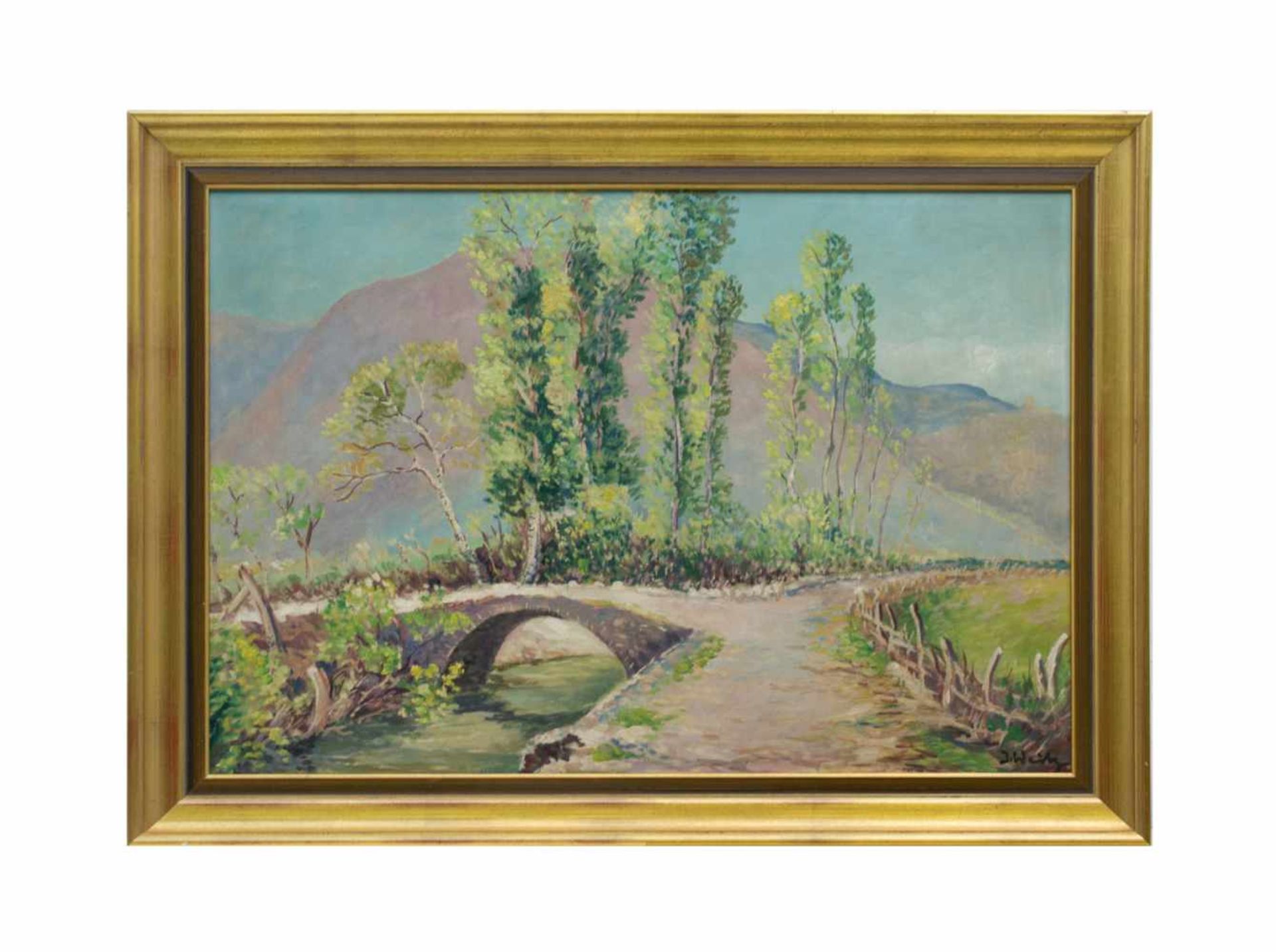 Jakob Weitz (1888 Neuss - 1971 Düsseldorf)Landschaft mit Brücke, Öl auf Platte, 49 cm x 68,5 cm, - Bild 2 aus 4
