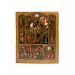 Votivikone mit 8 FeldernRussland, um 1800, Tempera auf Holz, Hauptfeste: Auferstehung, unten: Die