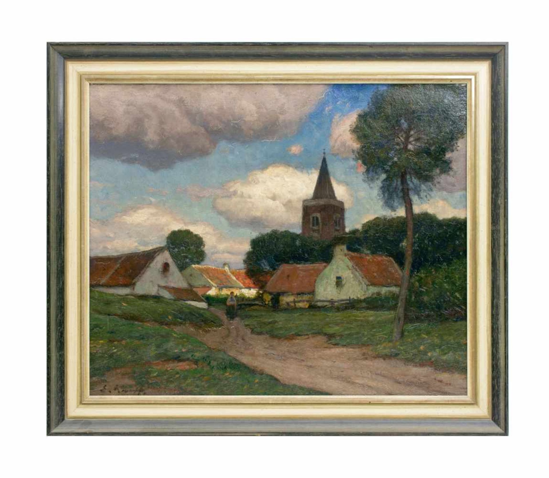 Eugen Kampf (1861 Aachen - 1933 Düsseldorf)Flandrisches Dorf mit Bäuerin, Öl auf Leinwand, 50 cm x - Image 2 of 4