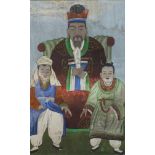 AhnengemäldeChina, 20. Jh., Gouache auf Leinen, Buddha in konfuzianischer Tracht mit 2 Kindern, 80,5