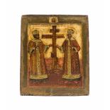 Ikone 'Erhöhung des wahren Kreuzes durch Helena und Konstantin'Russland, 19. Jh., Tempera auf