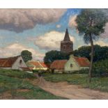 Eugen Kampf (1861 Aachen - 1933 Düsseldorf)Flandrisches Dorf mit Bäuerin, Öl auf Leinwand, 50 cm x