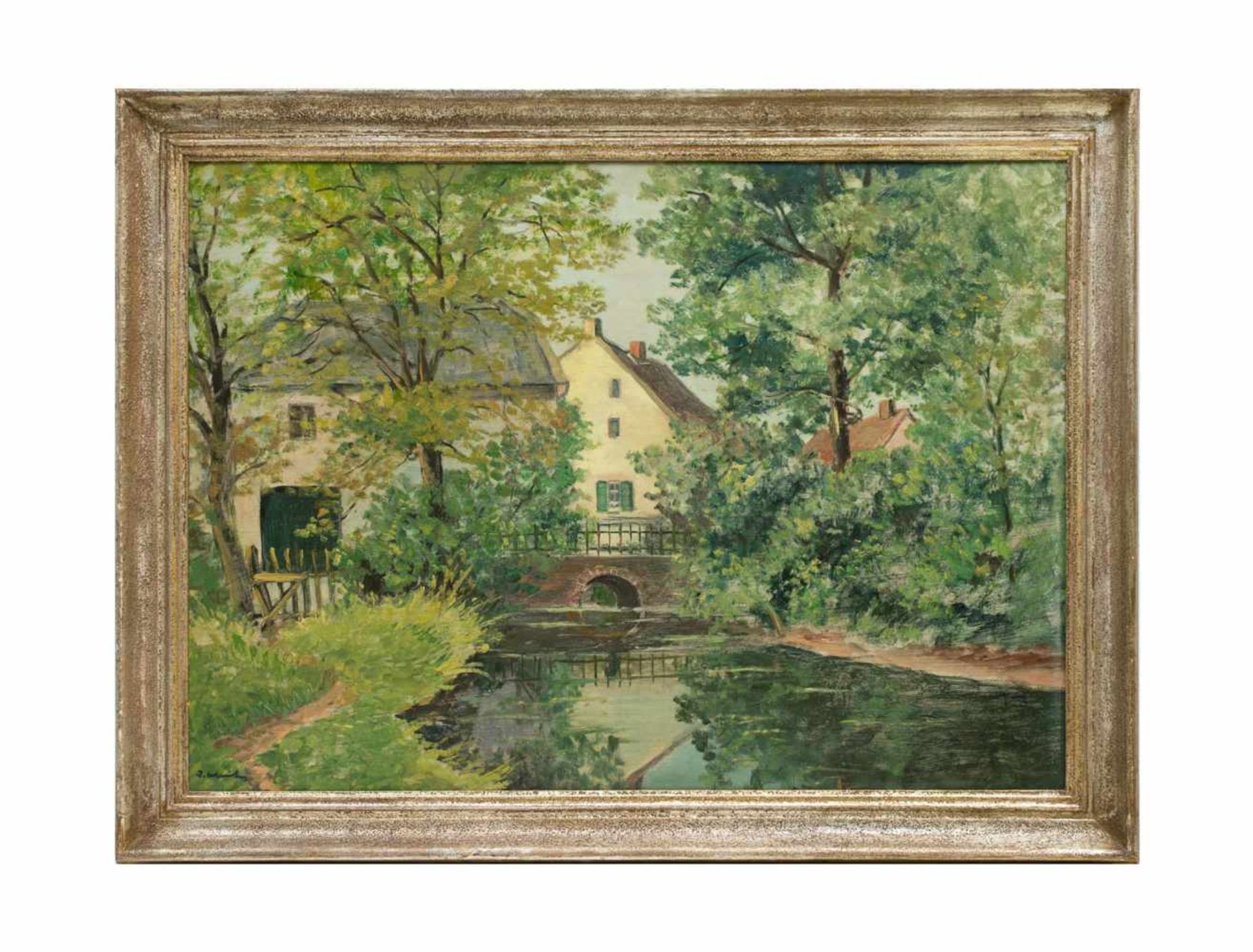 Jakob Weitz (1888 Neuss - 1971 Düsseldorf)Landschaft mit Mühle, Öl auf Malkarton, 55 cm x 77,5 cm, - Bild 2 aus 4