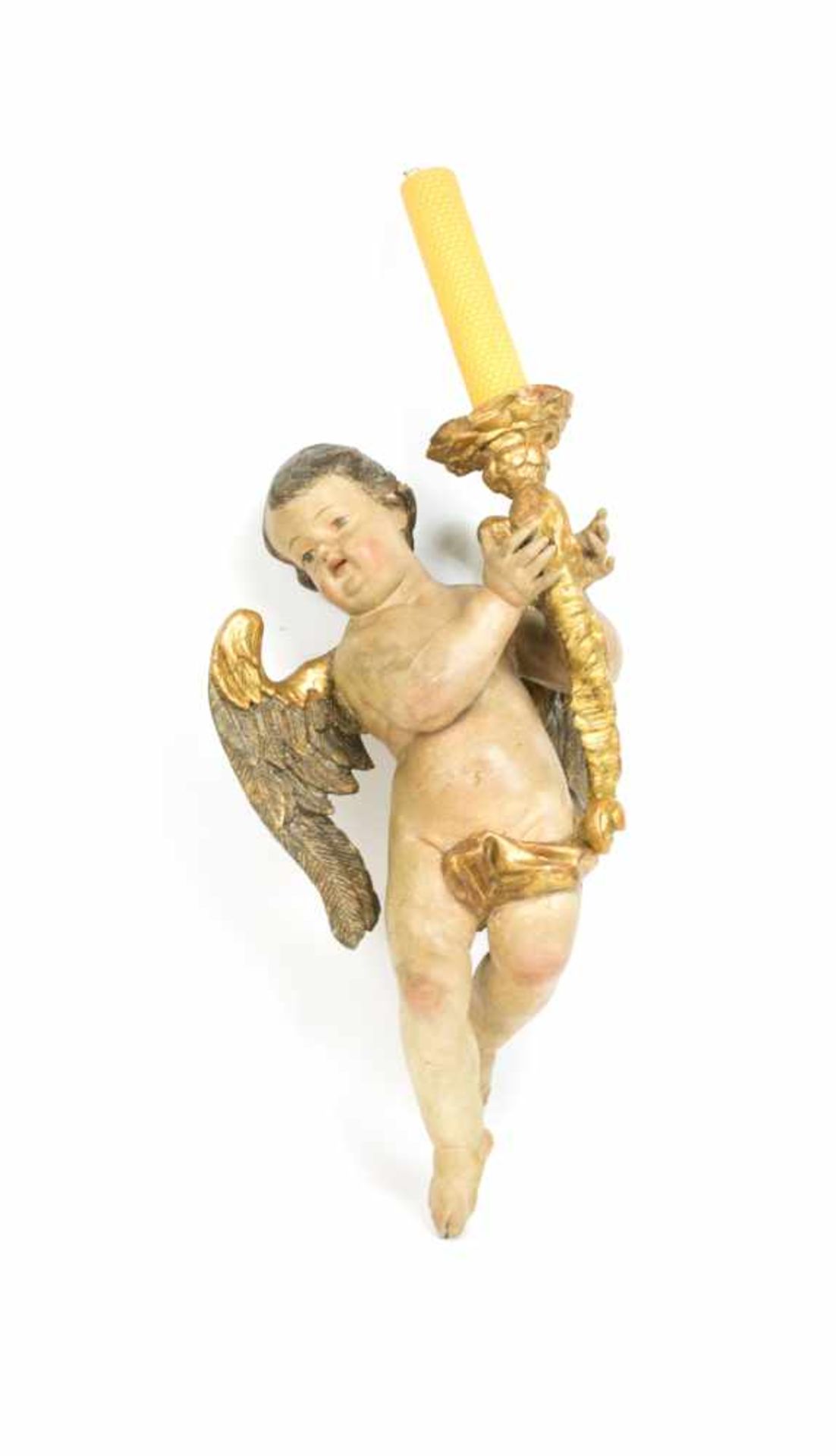 Künstler (19./20. Jh.)Putto mit Kerze, Holz, geschnitzt, farbig und gold staffiert, Höhe 58 cm,