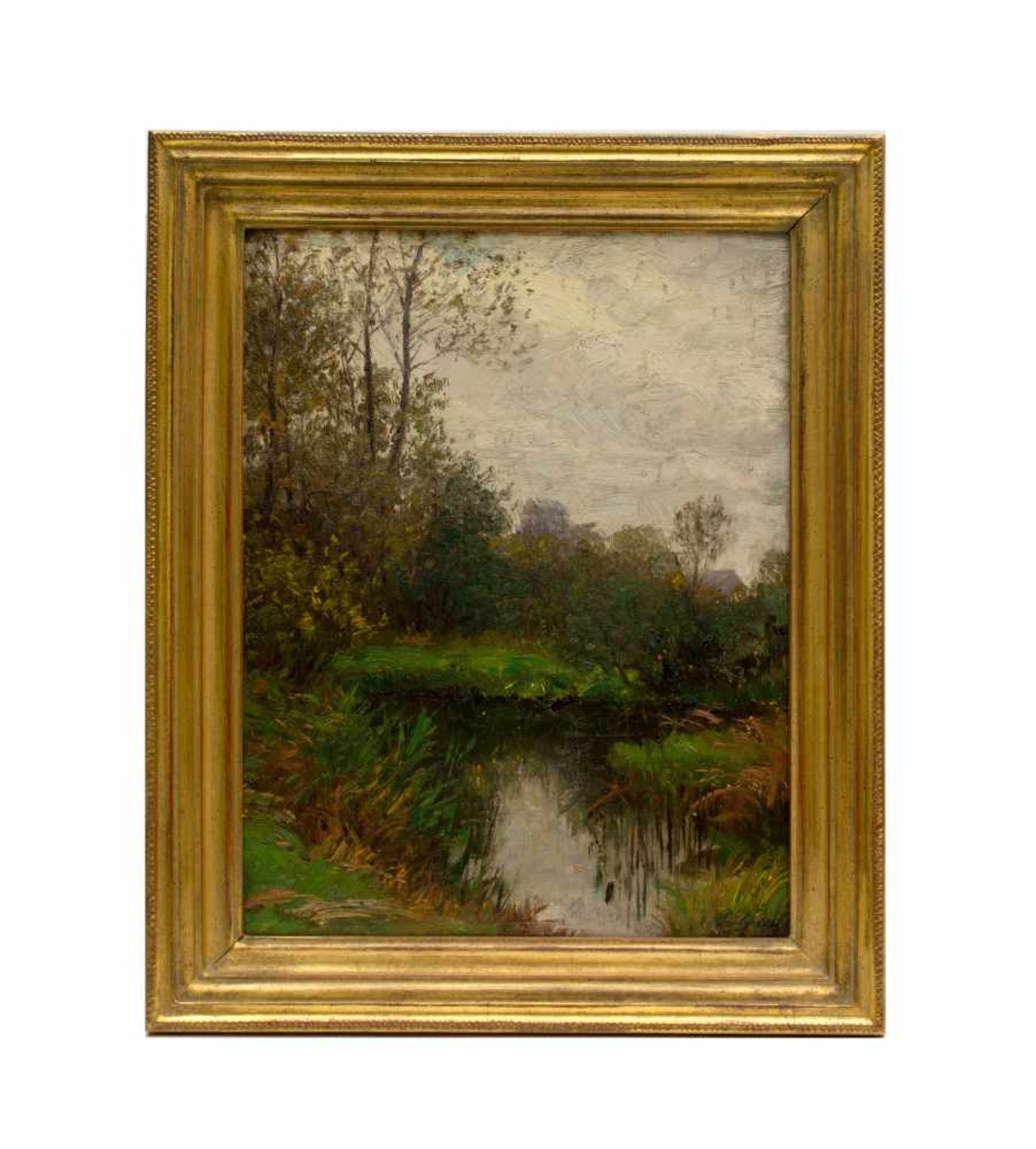 Peter Greeff (1865 Wülfrath - 1939 Düsseldorf)Landschaft mit Fluss, Öl auf Platte, 34,5 cm x 26,5 - Bild 2 aus 4