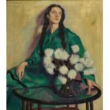 Alfred Wiegmann (1886 Essen - 1973 Kuhs)Sitzende Frau mit Blumenstrauß, Öl auf Leinwand, 78 cm x