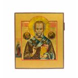Ikone 'Heiliger Nikolaus'19. Jh., Russland, Tempera auf Holz, auf Goldgrund, Kowtscheg, Palaecher