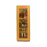 Dreifelder-IkoneRussland, 19. Jh., Tempera auf Holz, Kowtscheg, mit 3 Szenen aus dem Lebem