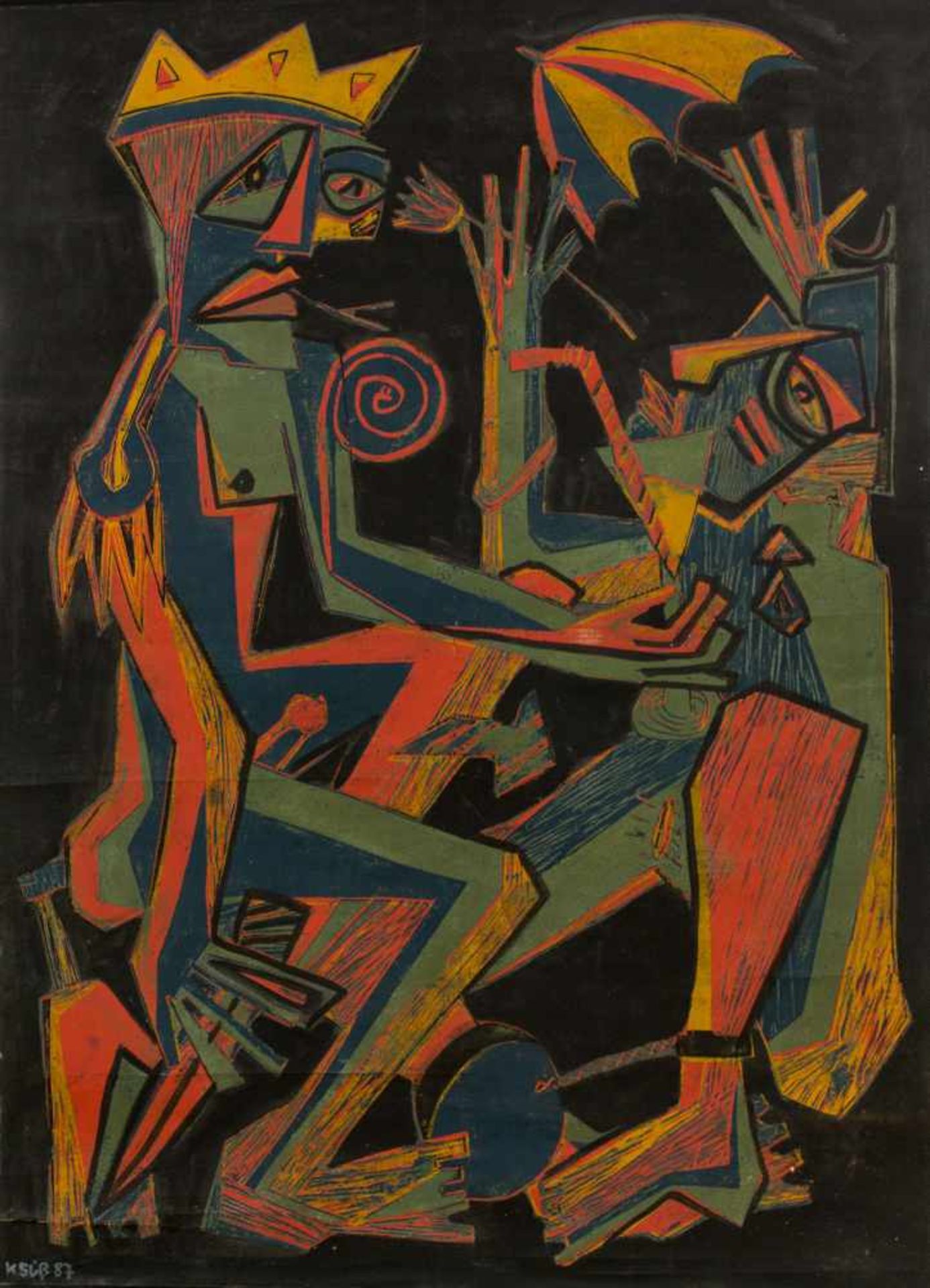 Klaus Süß (1951 Crottendorf) (F)'Belehrung der Kassandra', Farblinolschnitt in verlorener Form auf