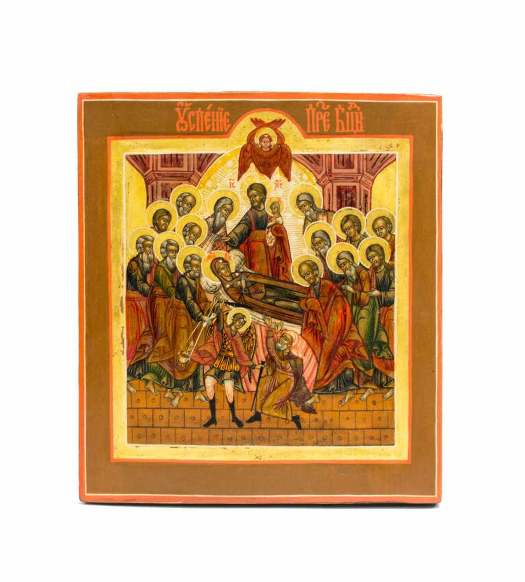 Ikone 'Entschlafen der Gottesmutter'Russland, 19. Jh., Tempera auf Holz, mit Golddetails, Kowtscheg,