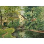 Jakob Weitz (1888 Neuss - 1971 Düsseldorf)Landschaft mit Mühle, Öl auf Malkarton, 55 cm x 77,5 cm,