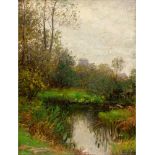 Peter Greeff (1865 Wülfrath - 1939 Düsseldorf)Landschaft mit Fluss, Öl auf Platte, 34,5 cm x 26,5