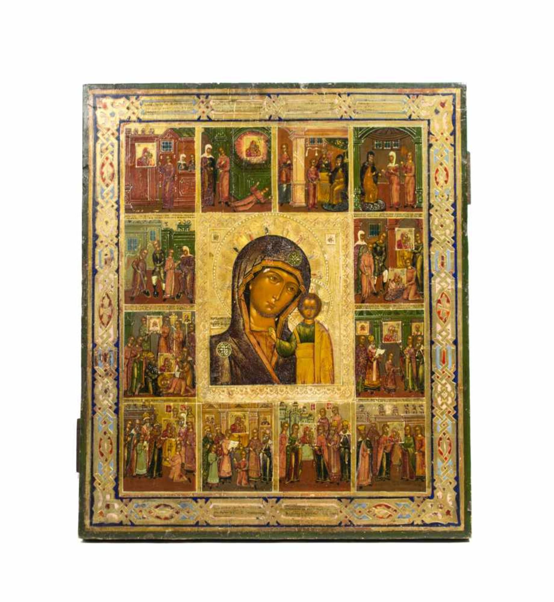 Ikone 'Gottesmutter von Kazan'19. Jh., Tempera auf Holz, seltene Motivdarstellung mit 12 Szenen