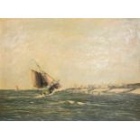 Unbekannter Künstler (20. Jh.)Segelschiff vor der Küste, Öl auf Platte, 60 cm x 79,5 cm, unten