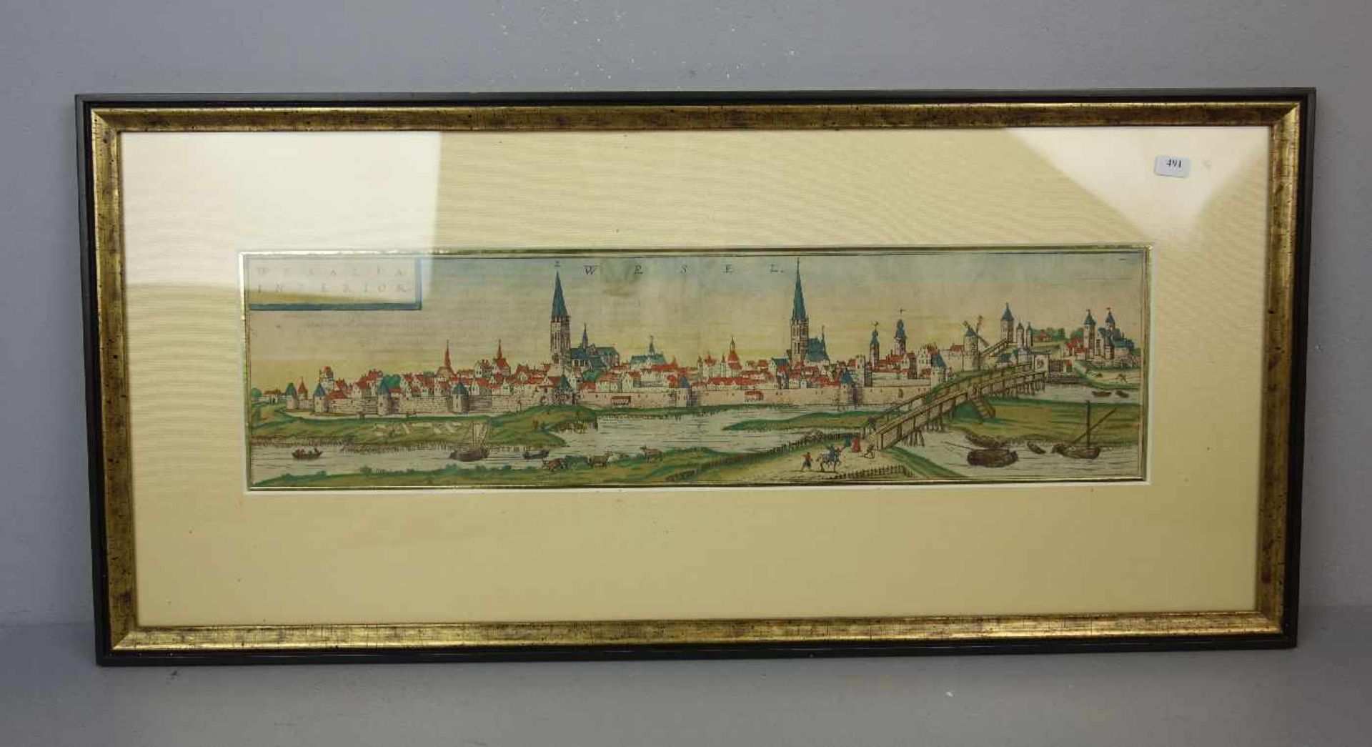 KOLORIERTER KUPFERSTICH WESEL, Ansicht der Stadt Wesel mit Titelkartusche "WESALIA INFERIOR"; aus