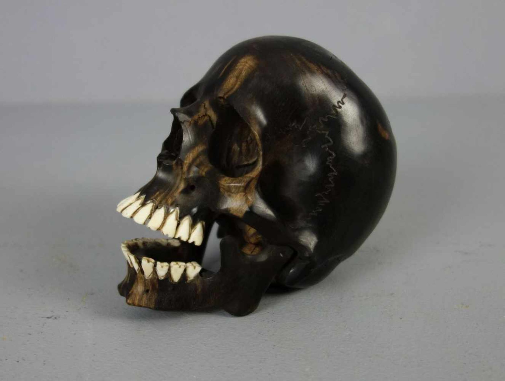 SCHÄDEL / MEMENTO MORI / skull, Buchsbaum, geschnitzt mit montierten Zähnen aus Bein. In leichter