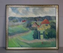 MALER DES 20./21. Jh., Gemälde / painting: "Hügelige Landschaft mit Häusern vor einem Waldrand",