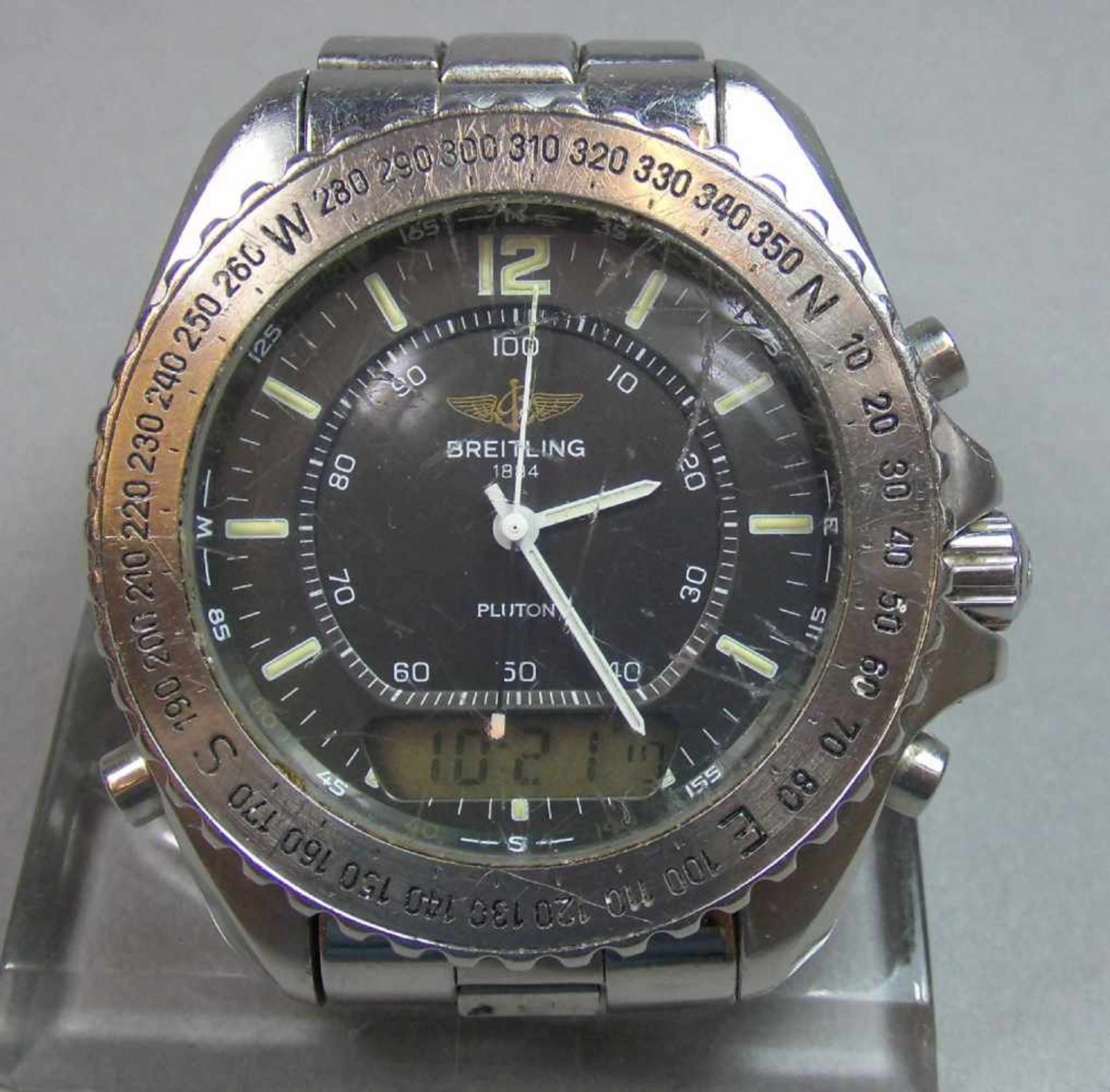 BREITLING "PLUTON" ARMBANDUHR / wristwatch, Quarz-Uhr, Schweiz. Stahlgehäuse mit drehbarer - Bild 2 aus 9