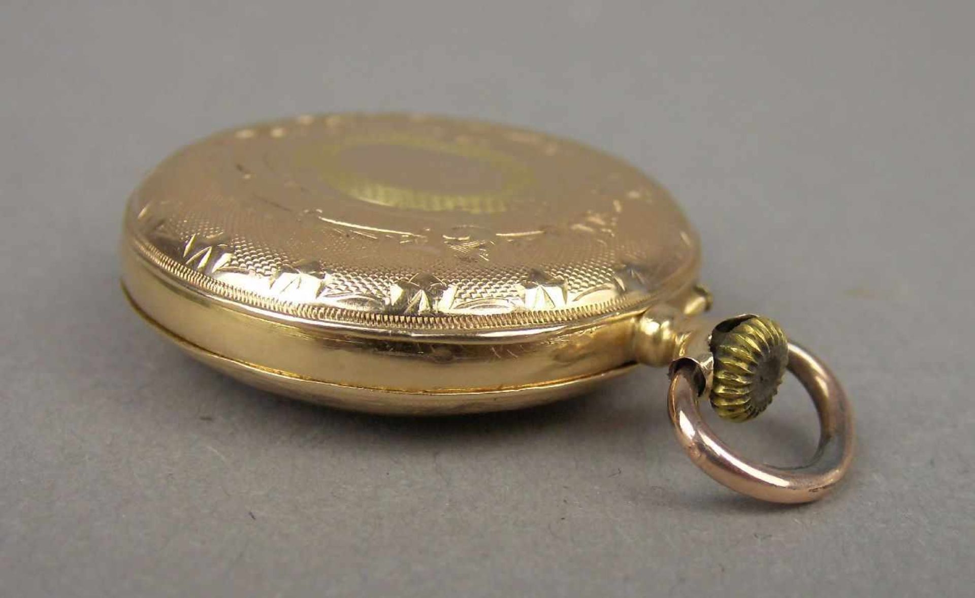 GOLDENE DAMEN-TASCHENUHR / HÄNGEUHR / open face pocket watch, um 1900, Schweiz, Handaufzug (Krone - Bild 7 aus 7