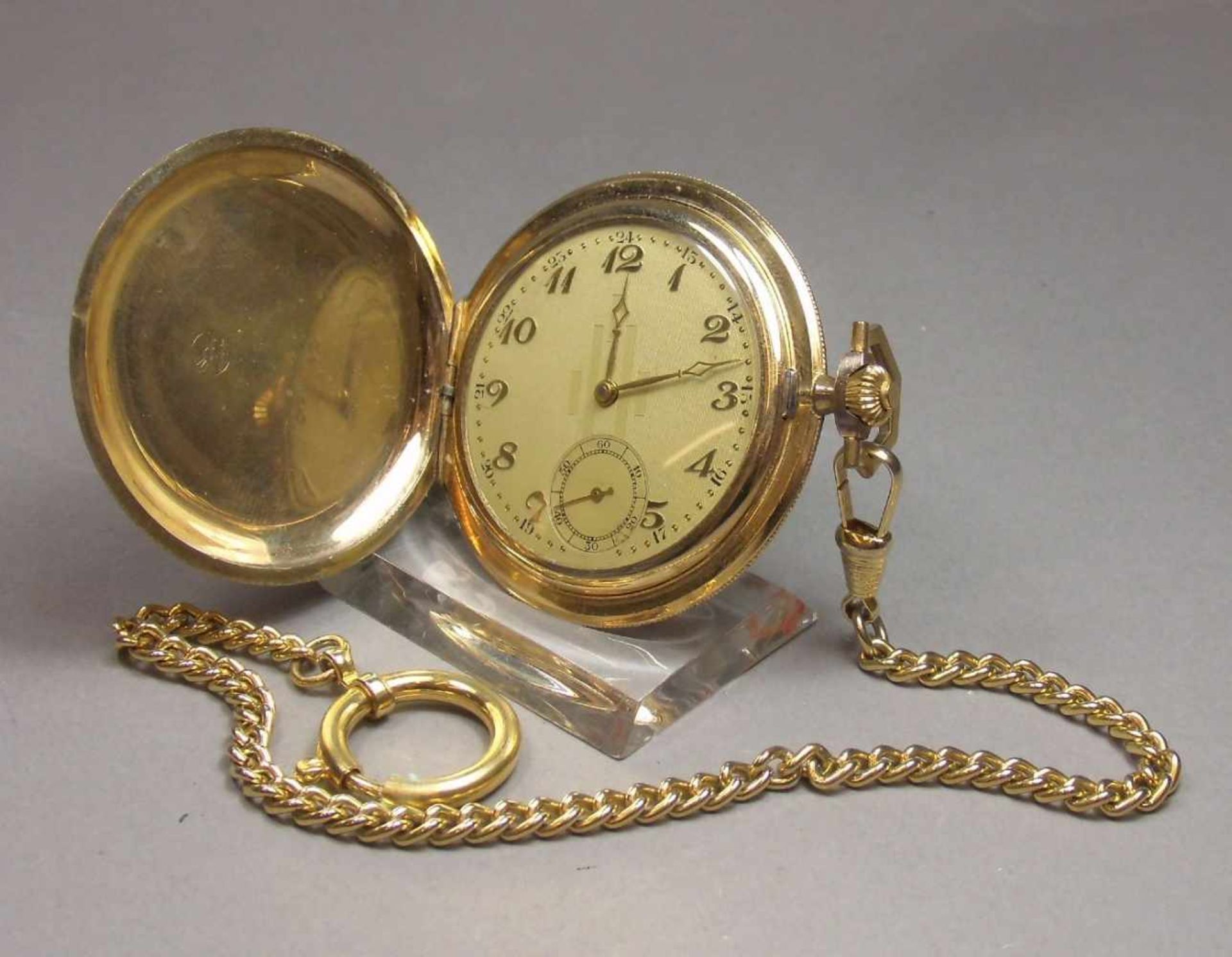VERGOLDETE SAVONETTE - TASCHENUHR / pocket watch with hunting case, 20. Jh.. Handaufzug (Krone). - Image 3 of 8