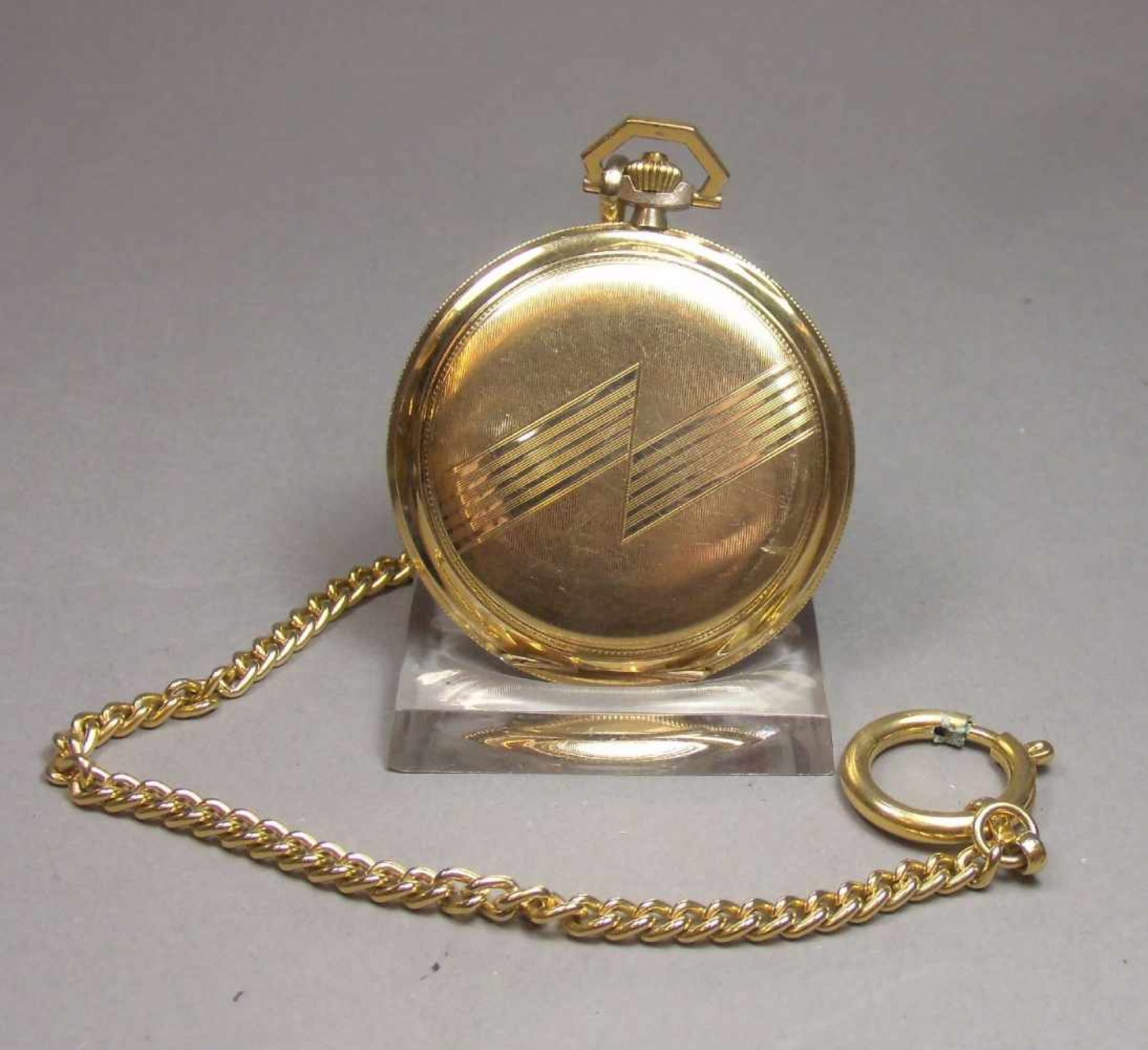 VERGOLDETE SAVONETTE - TASCHENUHR / pocket watch with hunting case, 20. Jh.. Handaufzug (Krone).