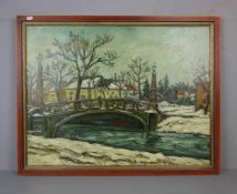 MALER DES 20. /21. JH., Gemälde / painting: "Winterliche Stadtansicht mit Brücke", Öl auf