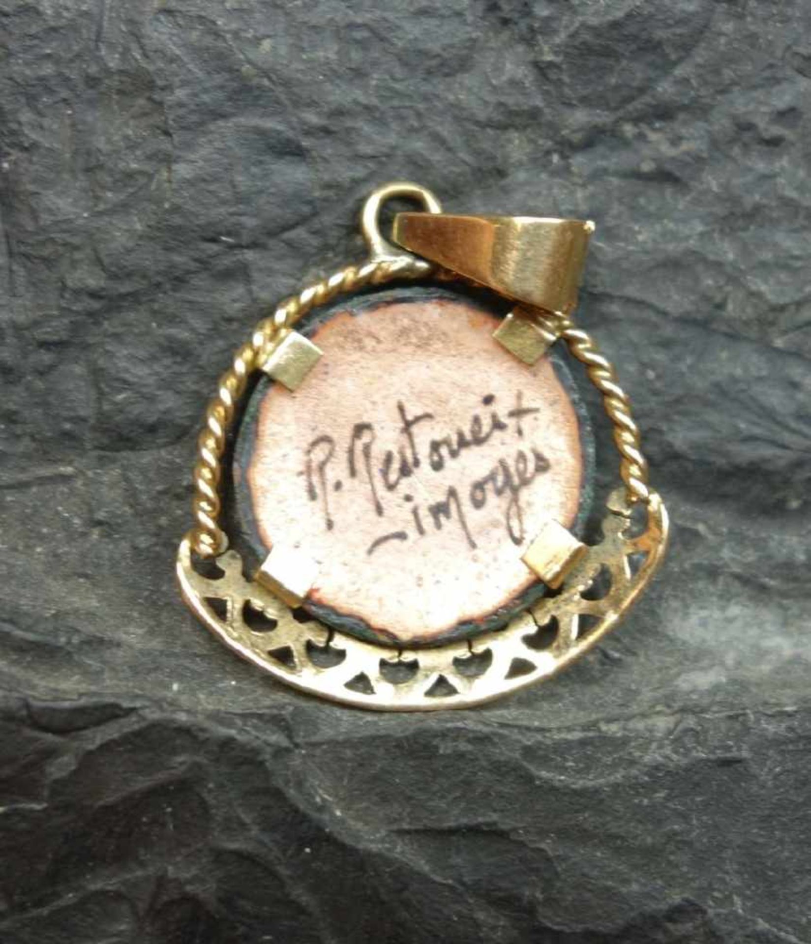 EMAILLE - ANHÄNGER / pendant, 750er Gelbgold (getestet), um 1900, signiert "P. Pestoneit (?), - Bild 3 aus 3