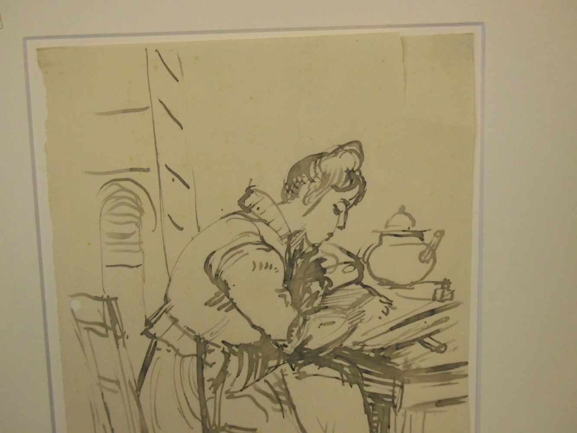 LAVIERTE TUSCHEZEICHNUNG: "Frau beim Schreiben eines Briefes", u. r. datiert 1923 und revers - Bild 3 aus 3