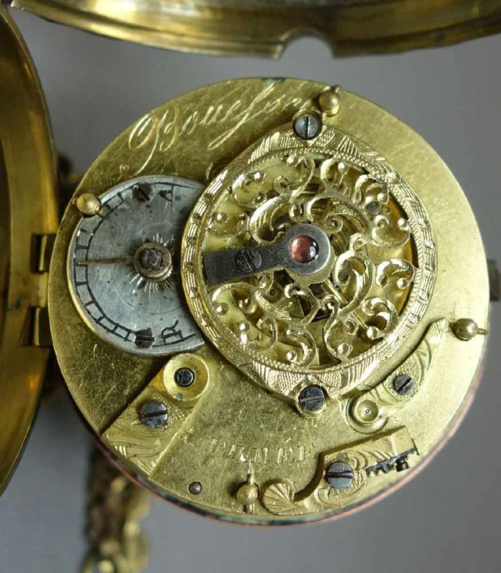SPINDELTASCHENUHR / pocket watch, wohl Frankreich, Schlüsselaufzug. Werk gemarkt "Bouefsch (?) / - Image 8 of 9