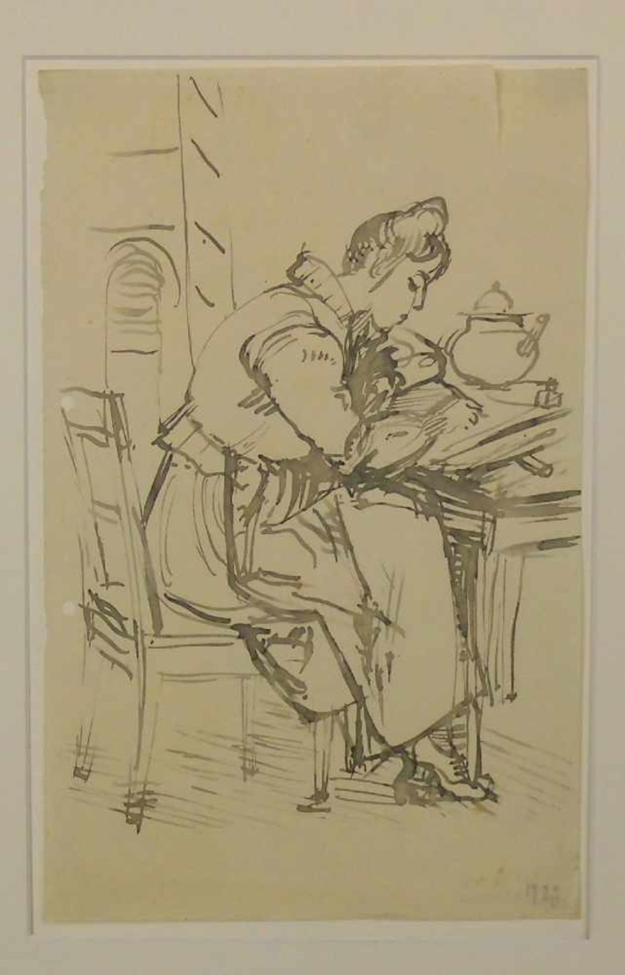 LAVIERTE TUSCHEZEICHNUNG: "Frau beim Schreiben eines Briefes", u. r. datiert 1923 und revers