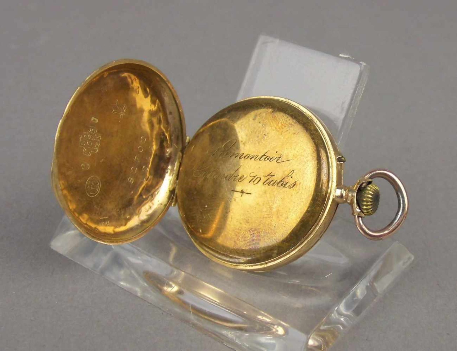 GOLDENE DAMEN-TASCHENUHR / HÄNGEUHR / open face pocket watch, um 1900, Schweiz, Handaufzug (Krone - Image 4 of 7