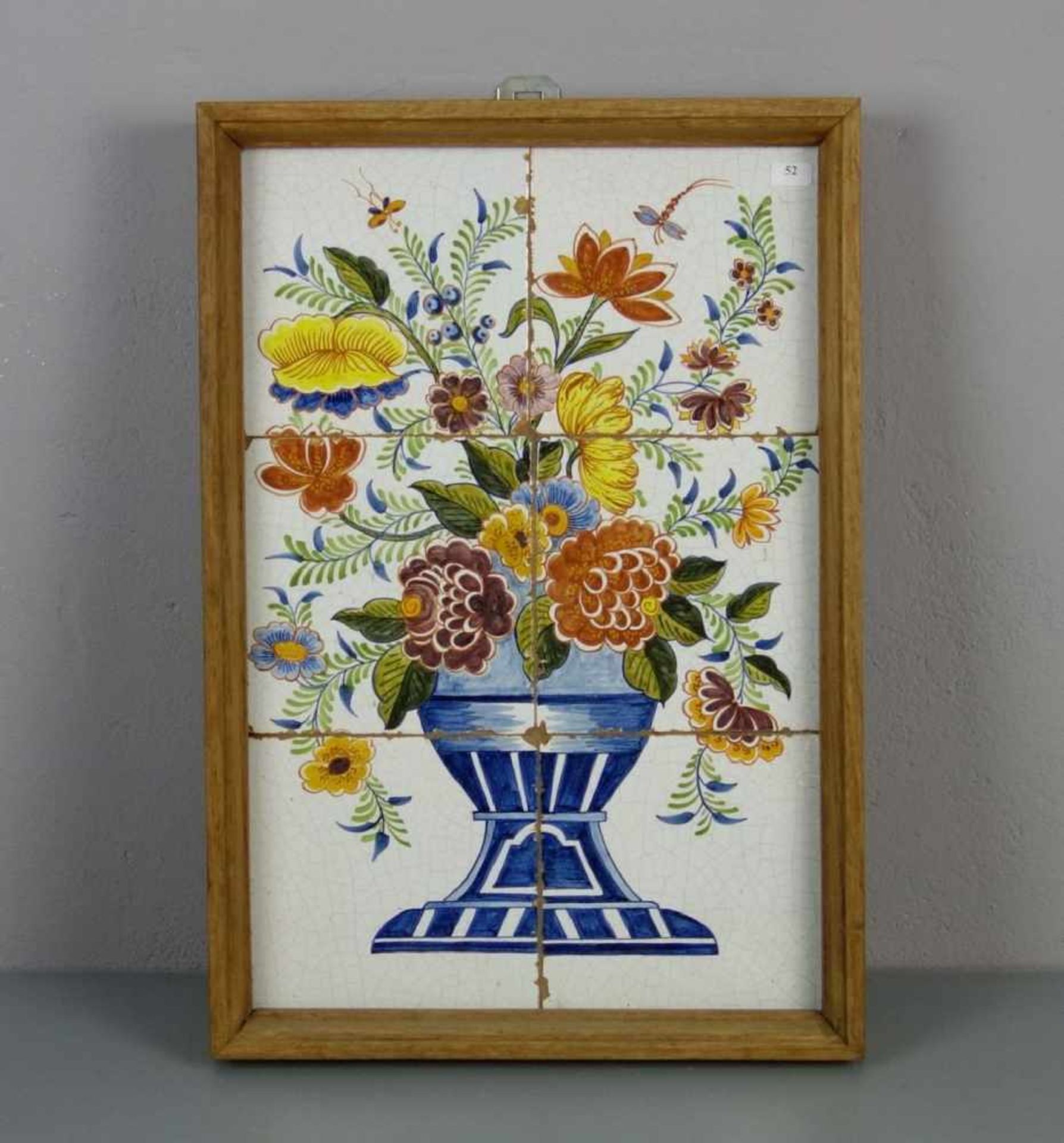BIEDERMEIER - FLIESENBILD: Vasenmotiv mit Blumenstrauß und Insekten aus 6 Fliesen, Fayence, Mitte - Bild 2 aus 4