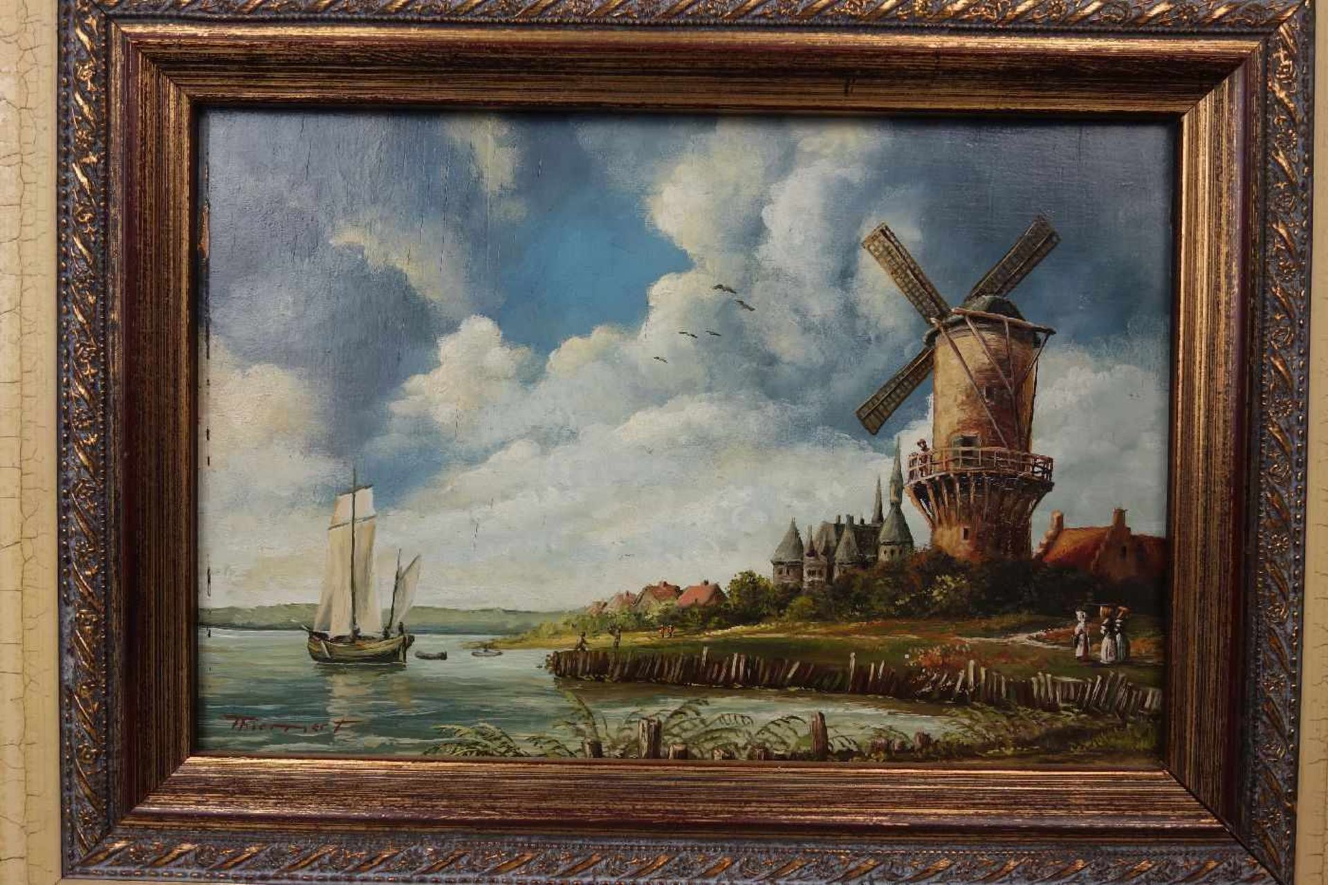 THIEMERT (Landschaftsmaler des 20.)., Gemälde / painting: "Niederländische Landschaft mit Mühle am - Image 2 of 5