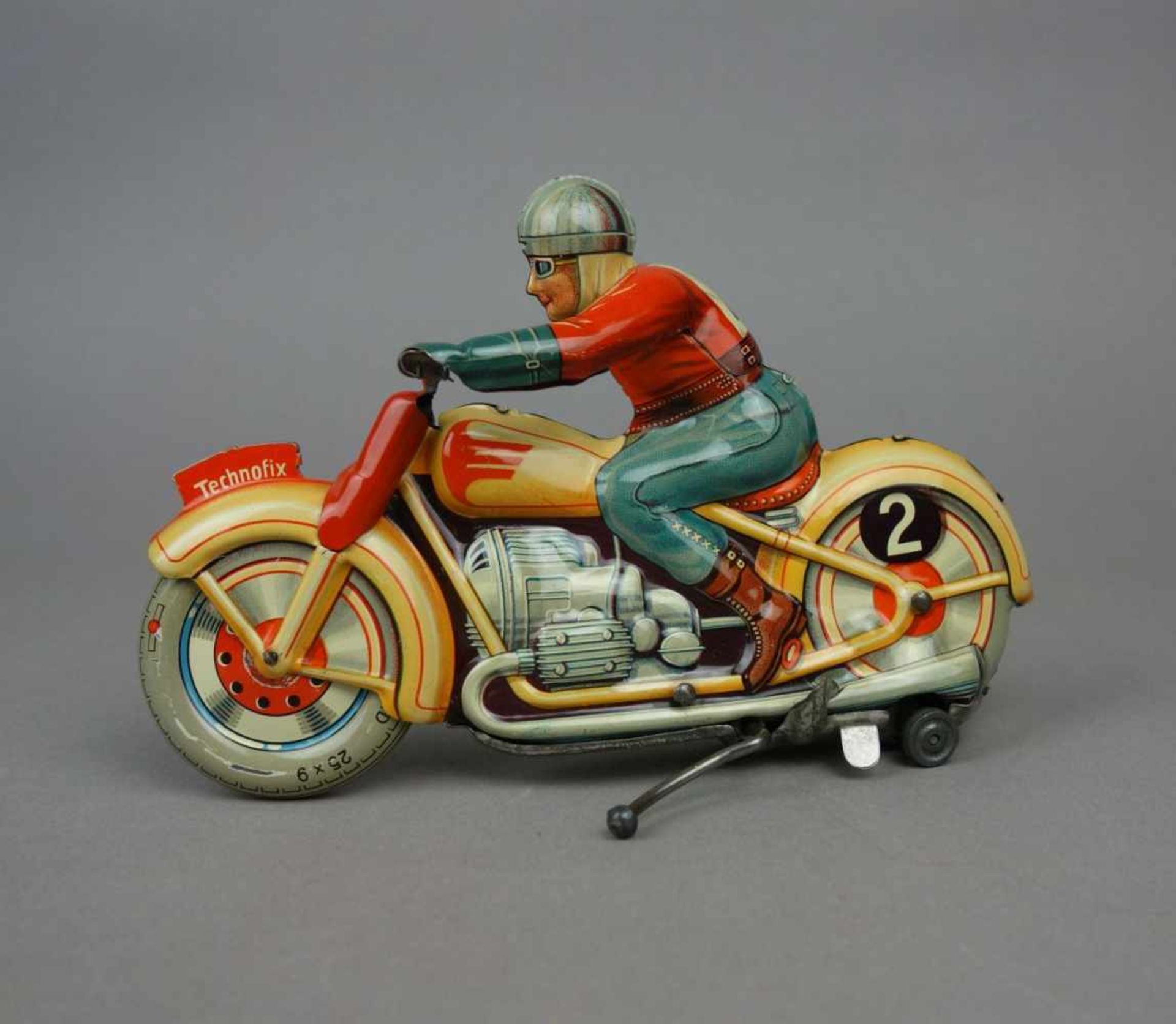 BLECHSPIELZEUG: TECHNOFIX MOTORRAD / MOTORRADFAHRER / tin toy bike, Mitte 20. Jh., Manufaktur