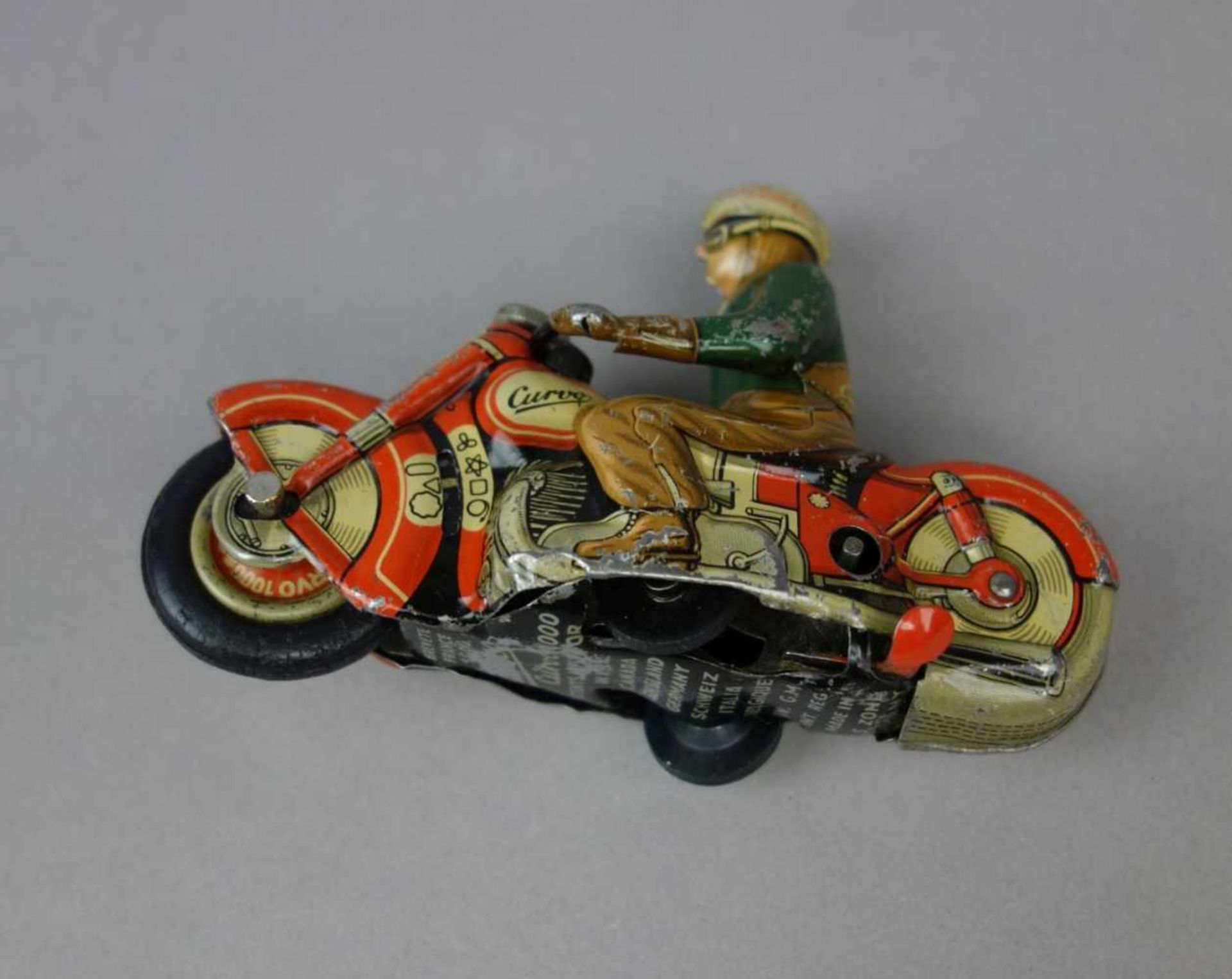 BLECHSPIELZEUG: SCHUCO MOTORRAD MIT BELEUCHTUNG / MOTORRADFAHRER / tin toy bike, Mitte 20. Jh. / - Bild 4 aus 6