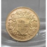 GOLDMÜNZE: 20 FRANKEN / gold coin, Schweiz, 1947, 6,4 Gramm, 900er Gold. Avers: Wappenschild der